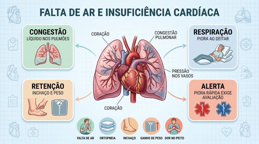 Congestão, ortopneia, inchaço e ganho de peso ajudam a reconhecer piora cardíaca.