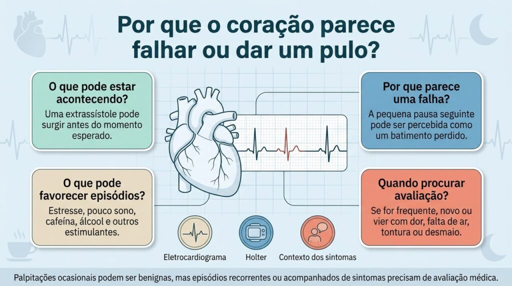 A sensação de falha no coração pode ter várias causas, e registrar o ritmo durante o episódio ajuda na investigação.