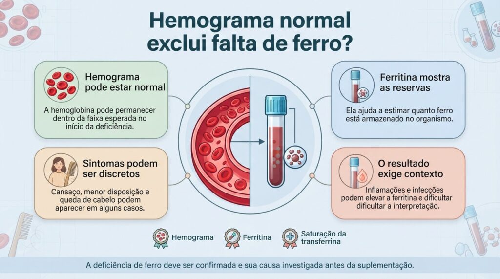 A ferritina ajuda a avaliar os estoques de ferro, que podem estar reduzidos mesmo antes do aparecimento de anemia.