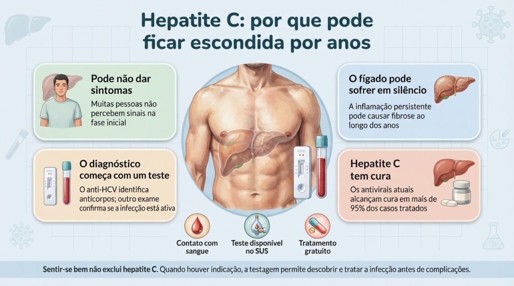 A hepatite C pode evoluir silenciosamente, mas a testagem permite identificar a infecção e iniciar tratamento antes de danos mais avançados.