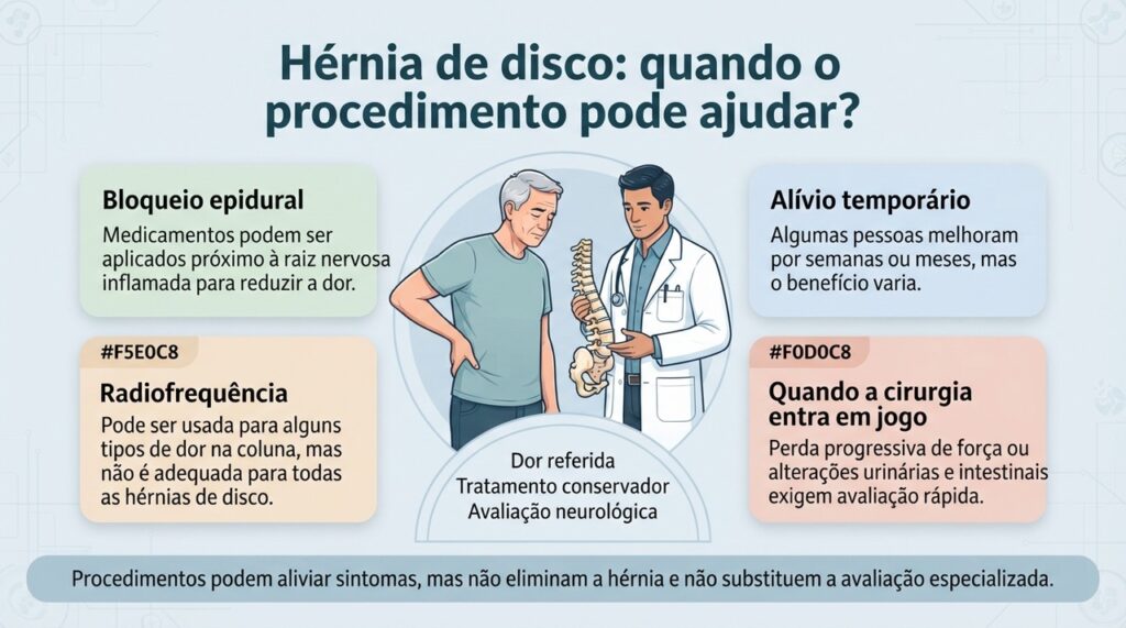 O bloqueio epidural pode aliviar temporariamente a dor em casos selecionados, enquanto a indicação de radiofrequência depende da origem do sintoma.