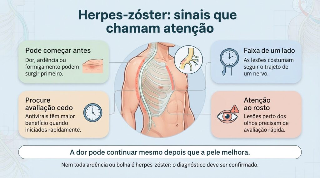 Dor ou ardência seguida de lesões em faixa unilateral pode indicar herpes-zóster e merece avaliação precoce.