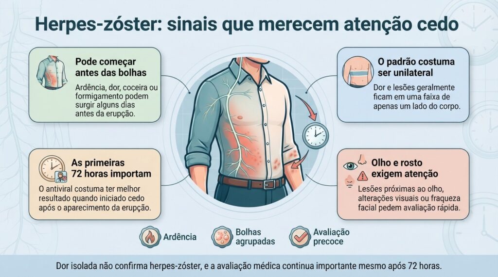 Dor ou ardência em um lado do corpo pode anteceder a erupção, e o tratamento costuma ter melhor resultado quando iniciado cedo.