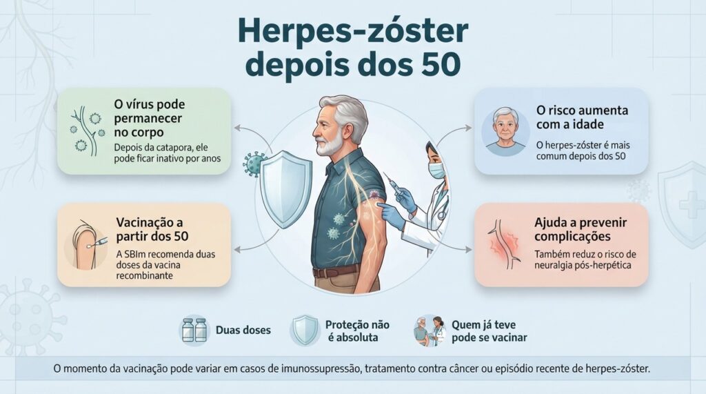 A vacinação reduz o risco de herpes-zóster e também de neuralgia pós-herpética, complicação que pode causar dor persistente.