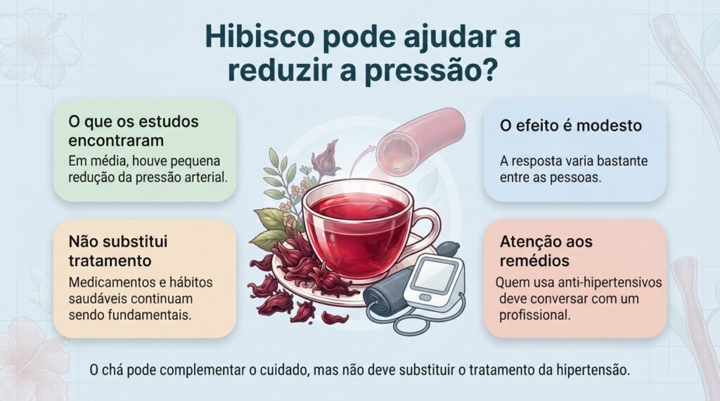 O hibisco pode reduzir discretamente a pressão em algumas pessoas, mas seu efeito é complementar e não substitui o tratamento indicado.