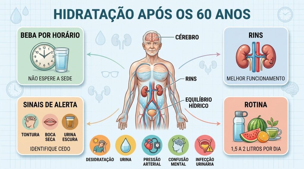 Entenda por que beber água por horário reduz riscos comuns após os 60 anos.