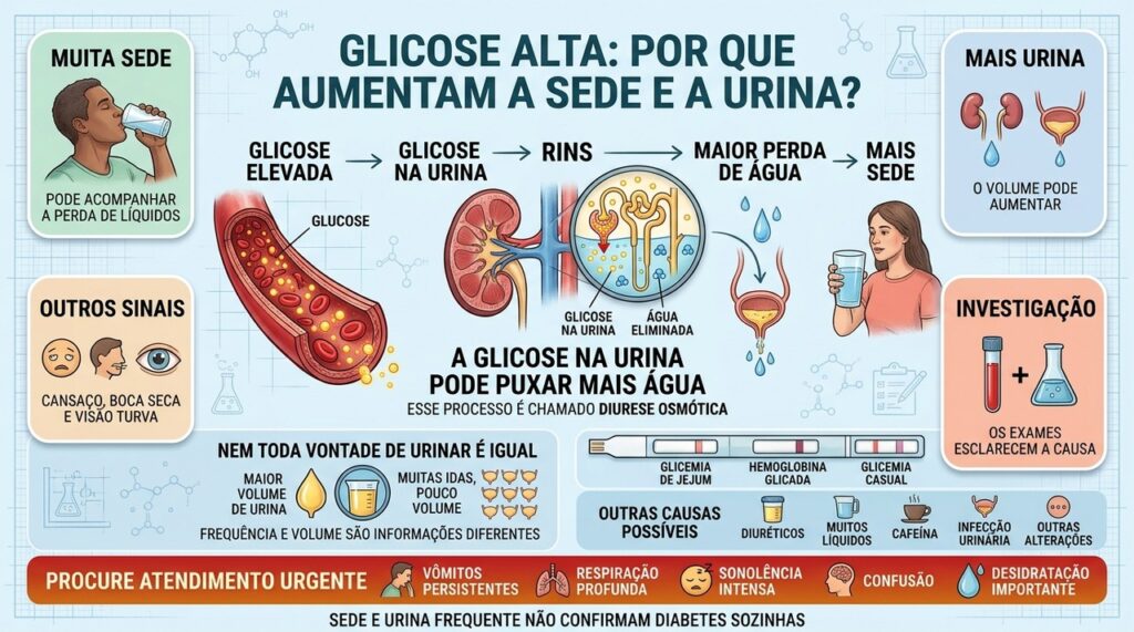 Glicose na urina pode aumentar a perda de água e intensificar a sede.