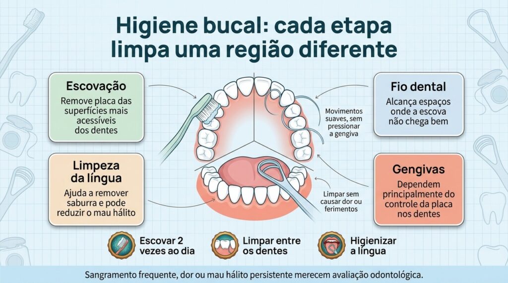 Uma higiene bucal completa combina escovação, limpeza entre os dentes e cuidado com a língua.