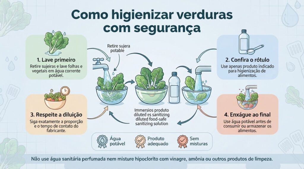 A sequência mais segura é lavar, sanitizar conforme o rótulo e enxaguar bem antes do consumo.