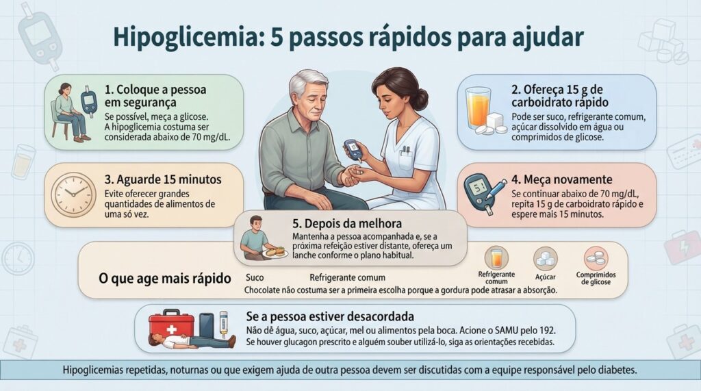 Na hipoglicemia, carboidrato rápido ajuda quando a pessoa está consciente; perda de consciência ou dificuldade para engolir exige atendimento de emergência.
