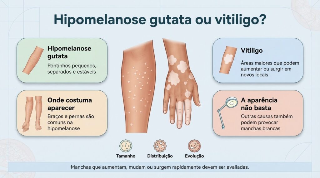 Hipomelanose e vitiligo podem ter padrões diferentes, mas a avaliação dermatológica é necessária quando há dúvida.