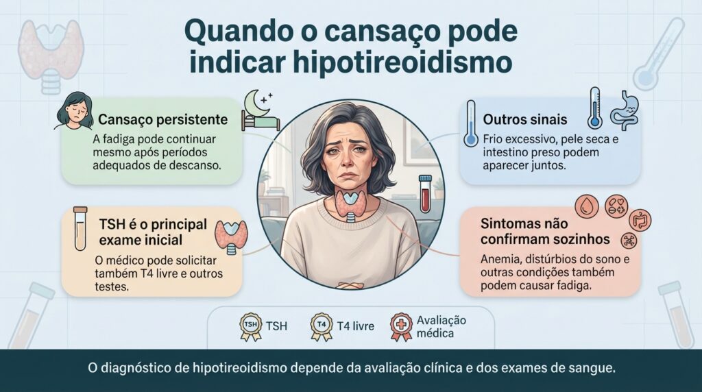 Sintomas persistentes levantam a suspeita, mas o diagnóstico de hipotireoidismo depende de exames como TSH e T4 livre.