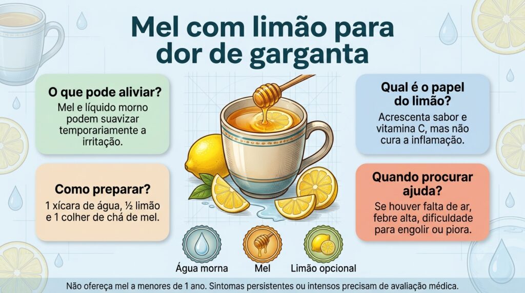 A bebida de mel com limão pode aliviar sintomas leves, mas não substitui avaliação quando há sinais de alerta.