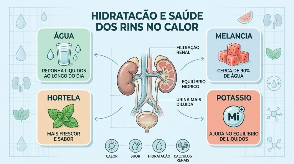 Água, melancia, hortelã e potássio apoiam a hidratação sem prometer uma falsa “limpeza” renal.