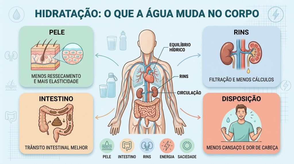 Água favorece pele, intestino, rins e disposição, mas a necessidade varia individualmente.