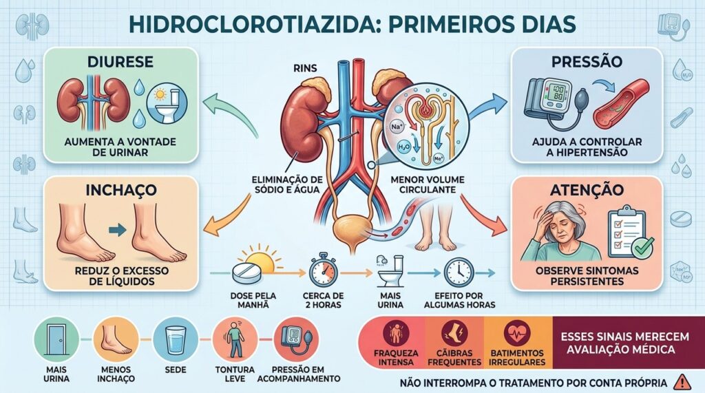 Hidroclorotiazida elimina sódio e água, reduzindo pressão e retenção de líquidos.