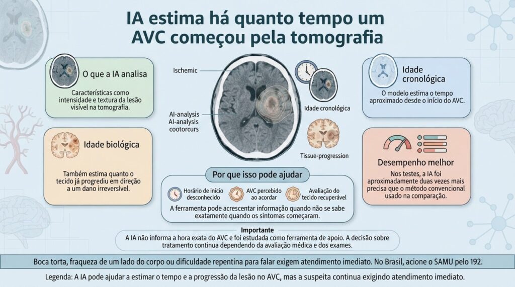 A IA pode ajudar a estimar o tempo e a progressão da lesão no AVC, mas a suspeita continua exigindo atendimento imediato.