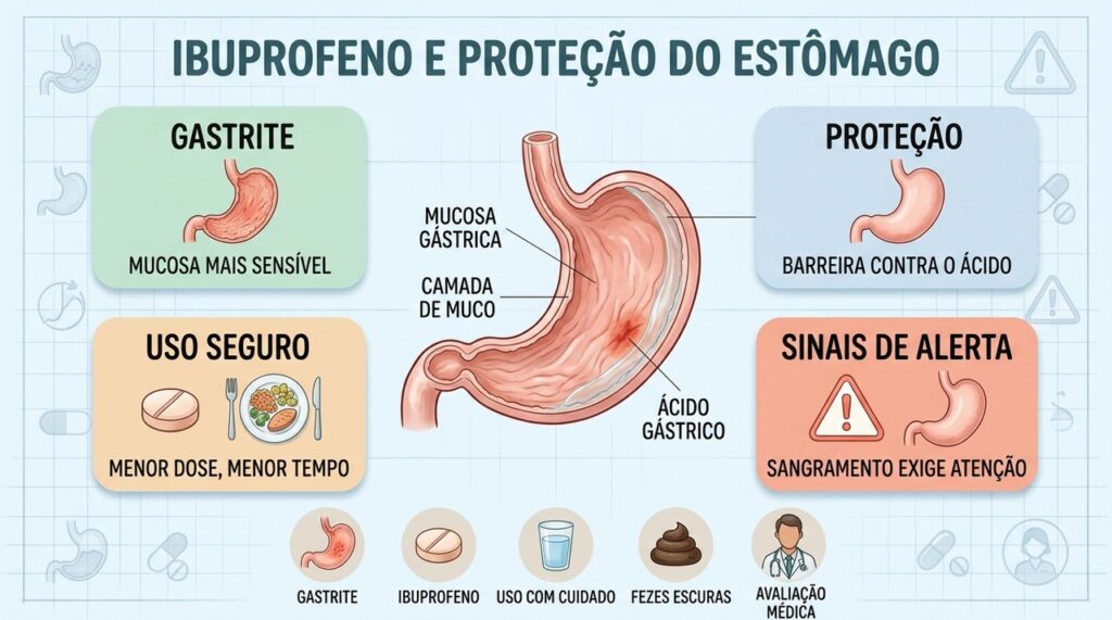 Entenda como a gastrite, a proteção gástrica e os sinais de sangramento se relacionam ao uso de ibuprofeno.