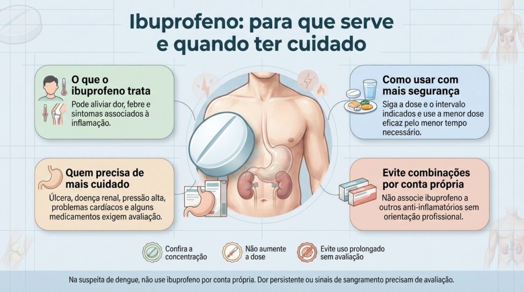 Usar a dose correta, evitar combinações inadequadas e considerar problemas de saúde prévios ajuda a reduzir os riscos do ibuprofeno.