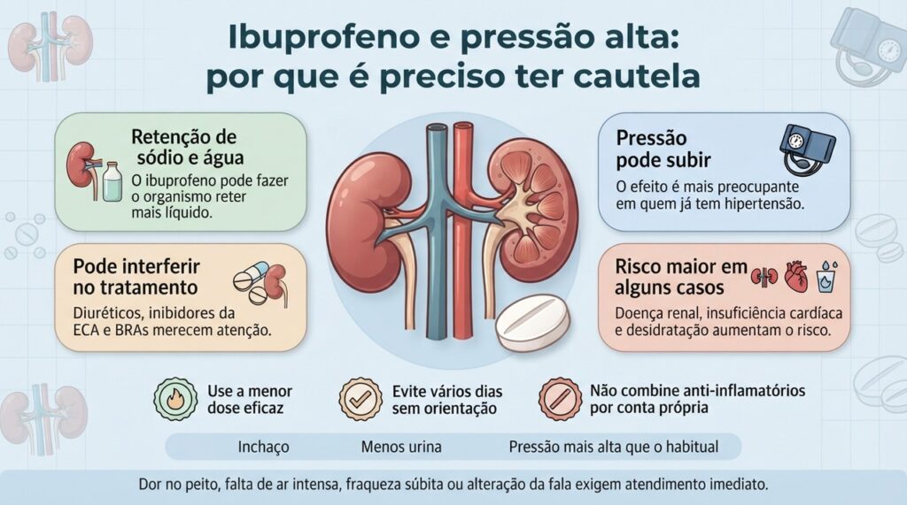 Em pessoas hipertensas, o ibuprofeno pode favorecer retenção de líquido, elevar a pressão e interferir em alguns medicamentos.