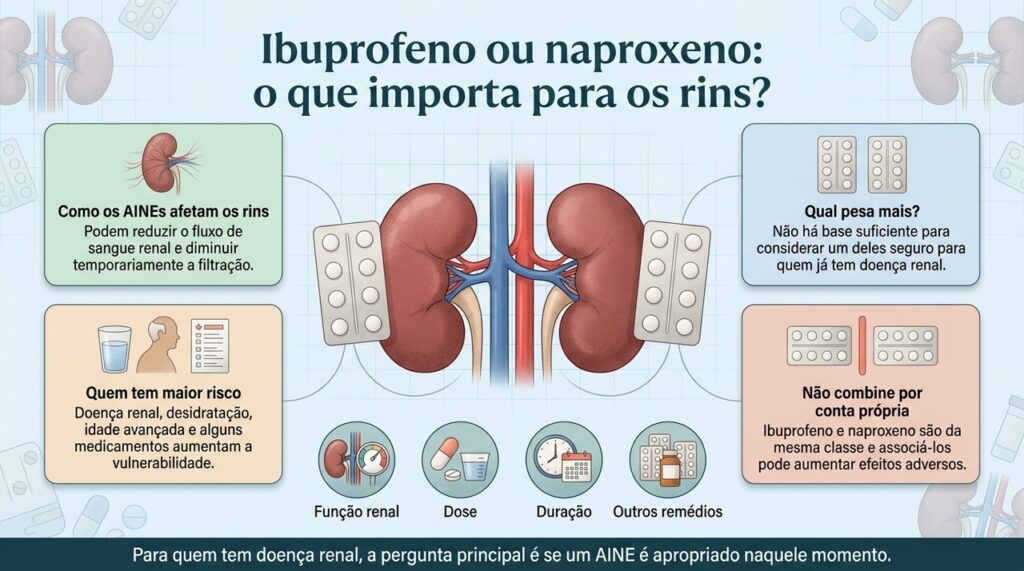 O risco renal dos anti-inflamatórios depende da função dos rins, da dose, do tempo de uso e de outros fatores clínicos.