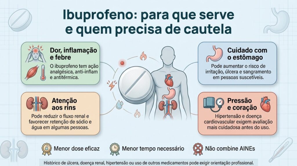 O uso mais seguro do ibuprofeno depende da dose, do tempo de tratamento e dos fatores de risco de cada pessoa.