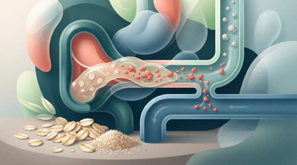 A fibra solúvel da aveia forma um conteúdo mais viscoso no intestino e interfere na reabsorção dos ácidos biliares.