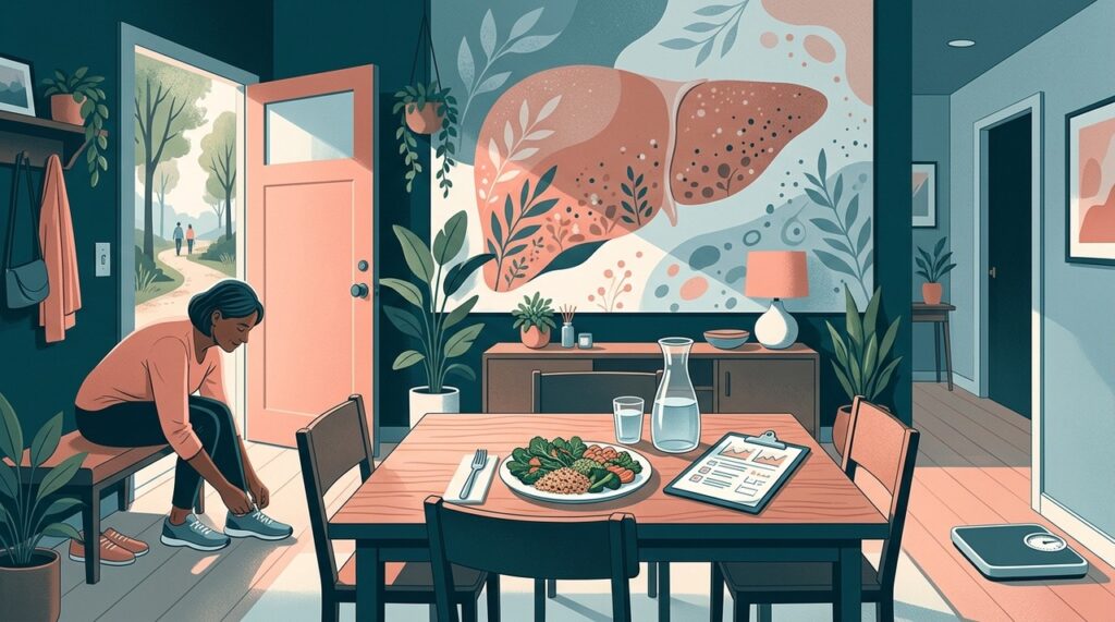 Perder peso gradualmente, melhorar a alimentação, se exercitar, reduzir o álcool e controlar diabetes e colesterol ajudam no tratamento.