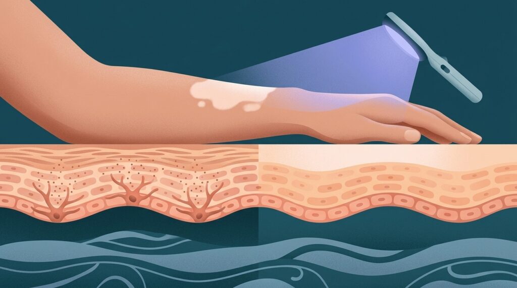 No vitiligo, os melanócitos deixam de funcionar ou são destruídos em algumas áreas da pele.