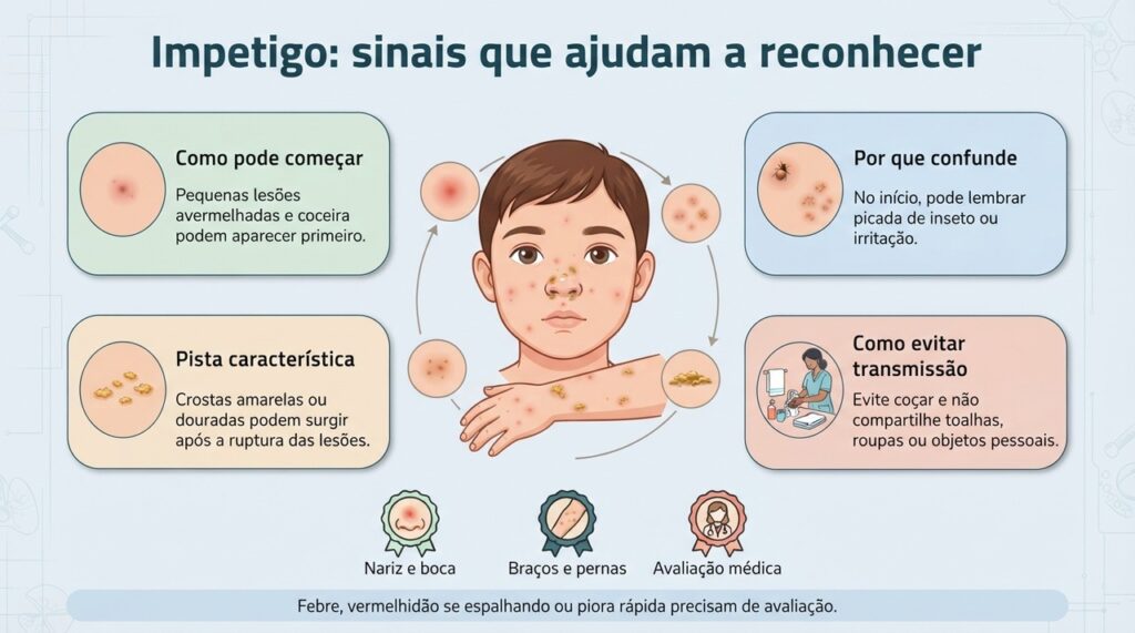 Crostas amareladas ou douradas são uma pista conhecida do impetigo, mas o diagnóstico deve ser feito por um profissional de saúde.