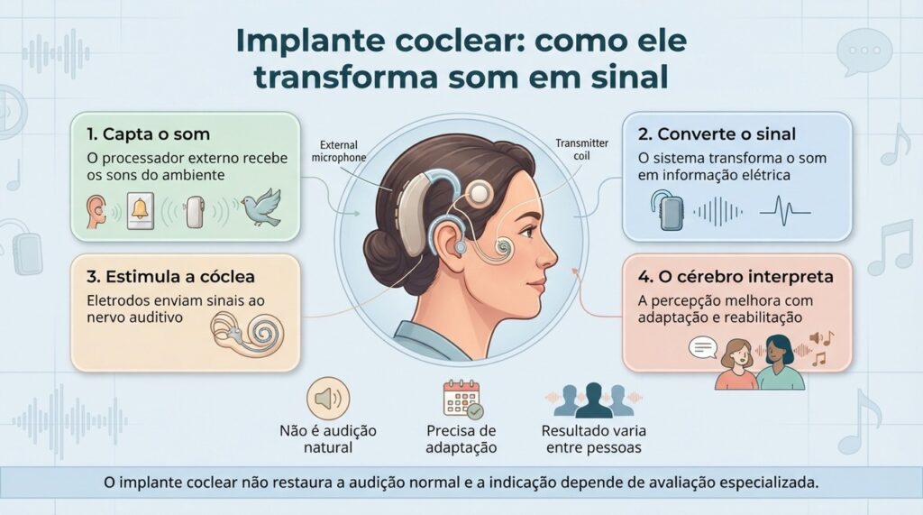 O implante capta o som, converte a informação em sinais elétricos e estimula o nervo auditivo, mas a adaptação depende de reabilitação.
