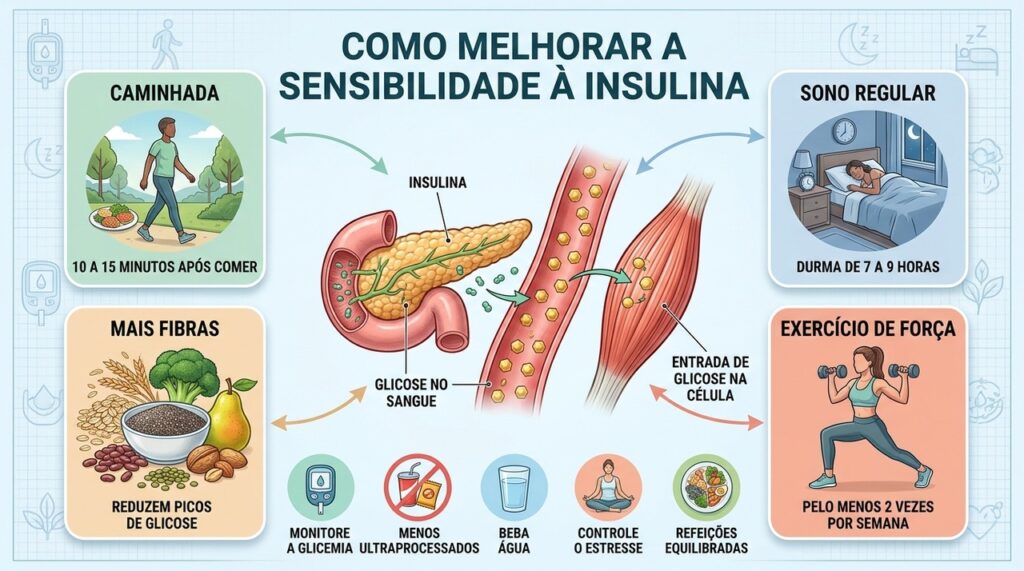 Caminhada, sono, fibras e exercícios melhoram a resposta do organismo à insulina.