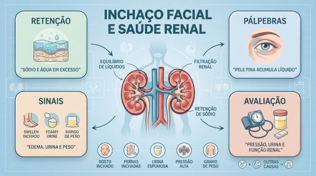 Inchaço facial persistente merece atenção quando acompanhado por alterações urinárias, pressão alta ou edema.