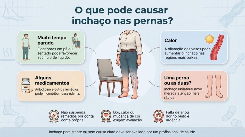 O padrão do inchaço, os sintomas associados e o uso de medicamentos ajudam a orientar a investigação da causa.