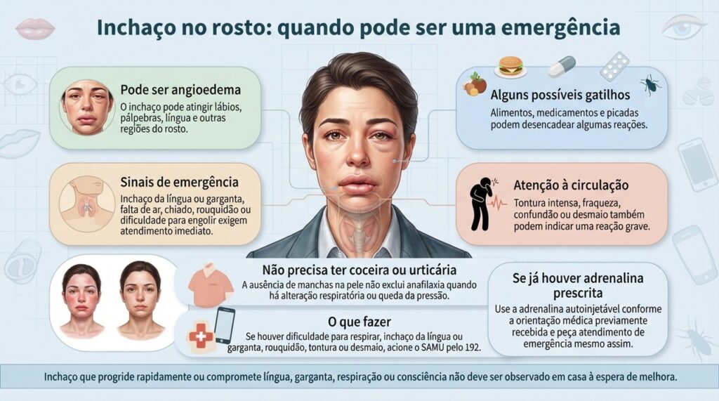 Inchaço no rosto pode ser leve, mas língua ou garganta inchadas, falta de ar, rouquidão, tontura ou desmaio exigem atendimento imediato.