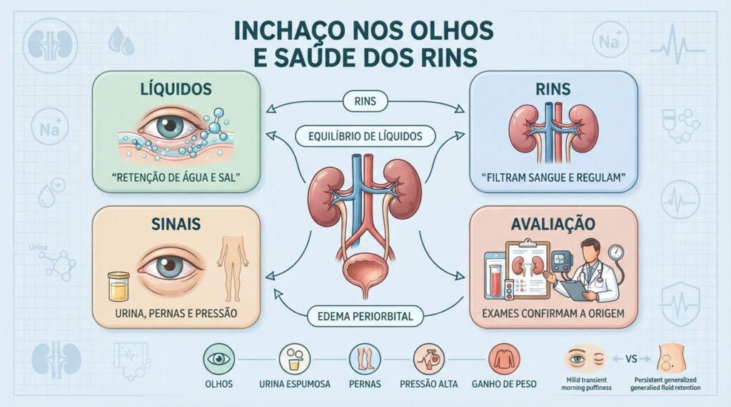 Retenção de líquidos pode afetar pálpebras, pernas e pressão arterial quando os rins estão alterados.