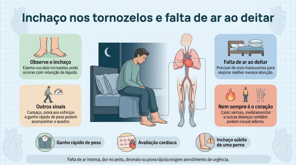 A combinação de inchaço nos tornozelos e falta de ar ao deitar deve ser avaliada, principalmente quando é nova ou está piorando.