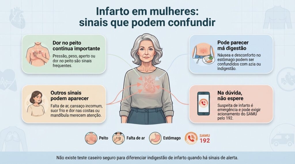Dor no peito é comum, mas náusea, falta de ar, cansaço e desconforto no estômago, costas ou mandíbula também podem ocorrer.