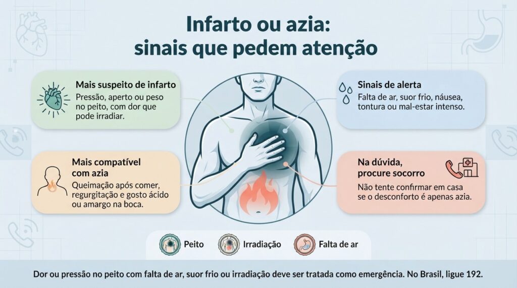 Na dúvida entre azia e infarto, sintomas novos ou acompanhados de falta de ar, suor frio ou irradiação devem ser avaliados imediatamente.