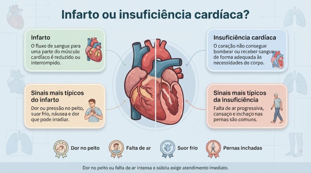 Infarto e insuficiência cardíaca podem compartilhar sintomas, mas envolvem mecanismos diferentes e precisam de avaliação médica.