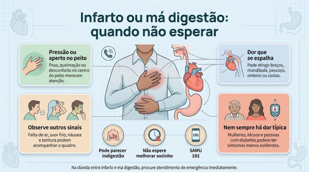 Sintomas de infarto podem se confundir com indigestão, por isso sinais suspeitos não devem ser observados em casa à espera de melhora.