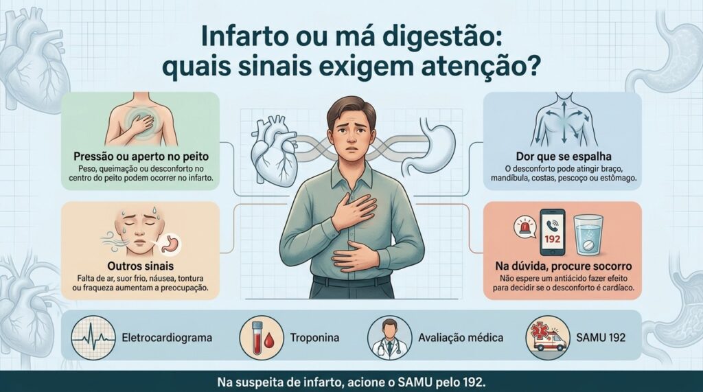 Infarto pode provocar sintomas semelhantes à indigestão, e a dúvida não deve atrasar a busca por atendimento.