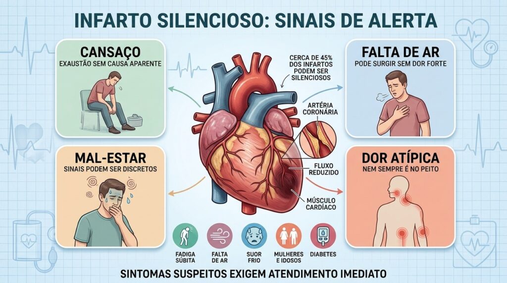 Fadiga, falta de ar, suor frio e dores atípicas podem indicar infarto silencioso.