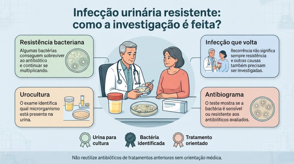 A urocultura identifica o microrganismo e o antibiograma ajuda a orientar o antibiótico mais adequado quando há suspeita de resistência.