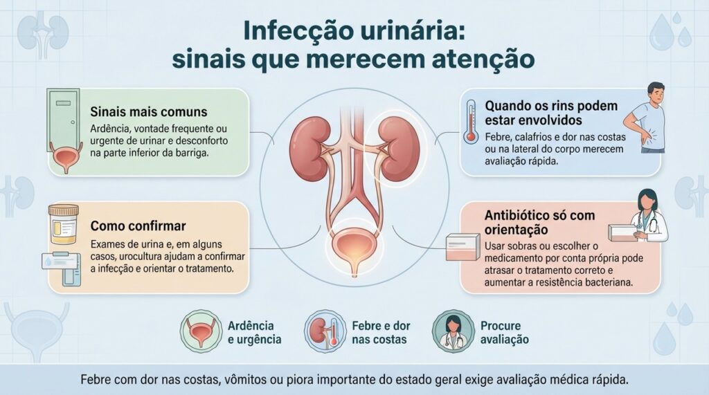 Os sintomas variam conforme a parte do trato urinário afetada, e febre com dor nas costas pode indicar comprometimento dos rins.