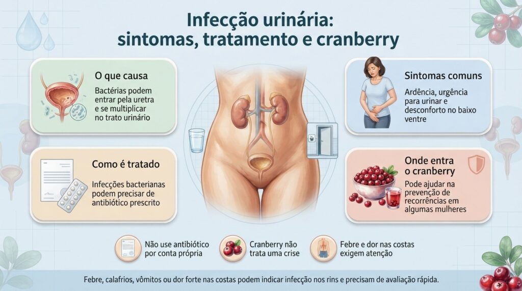 O cranberry pode ter papel preventivo em casos recorrentes, mas sintomas de infecção urinária ativa precisam de avaliação adequada.