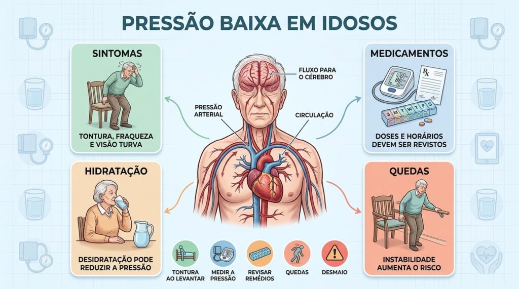Sintomas, medicamentos, hidratação e quedas ajudam a avaliar pressão baixa em idosos.