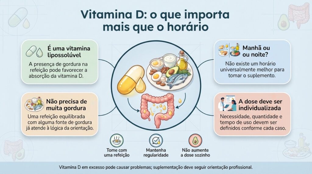 A presença de gordura na refeição pode favorecer a absorção da vitamina D, mas a dose e a necessidade de suplementação devem ser individualizadas.