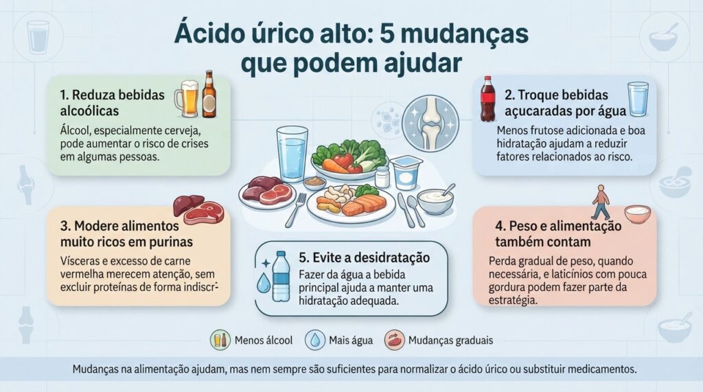 Hábitos como reduzir álcool e bebidas açucaradas, manter hidratação e ajustar a alimentação podem ajudar no controle do risco de gota.