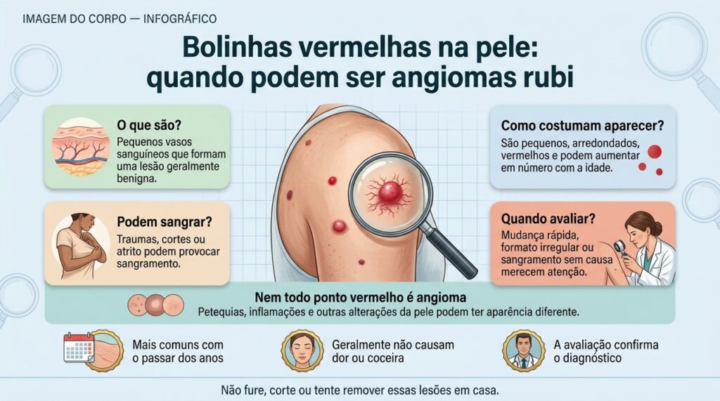 Angiomas rubi costumam ser benignos, mas mudanças rápidas ou sangramento sem explicação devem ser avaliados por um dermatologista.